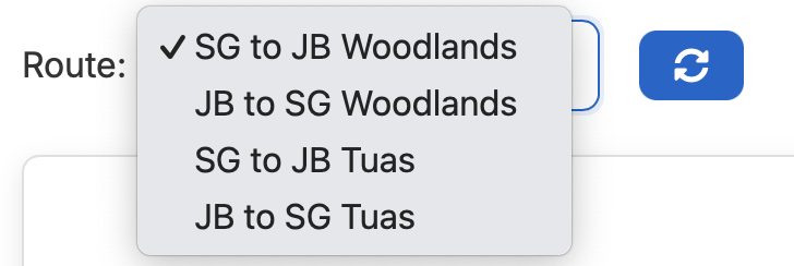 Screenshot of route selector for Woodlands and Tuas checkpoints on WoodlandsCheckpoint.com, showing options to choose Singapore-JB travel paths for live traffic predictions