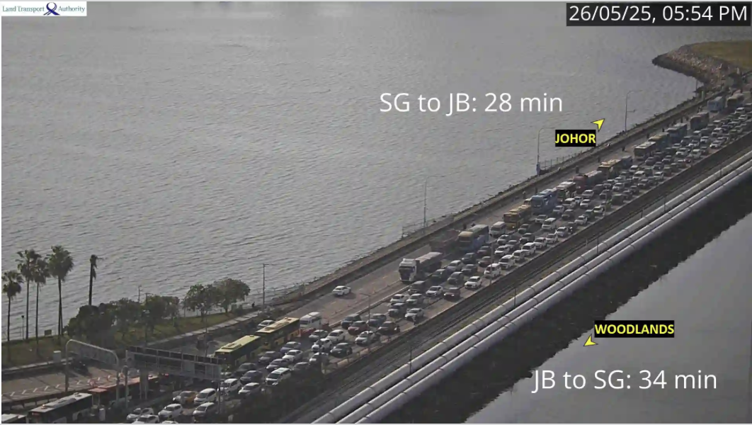 Screenshot of live traffic camera at Woodlands Checkpoint showing real-time traffic and travel time on WoodlandsCheckpoint.com